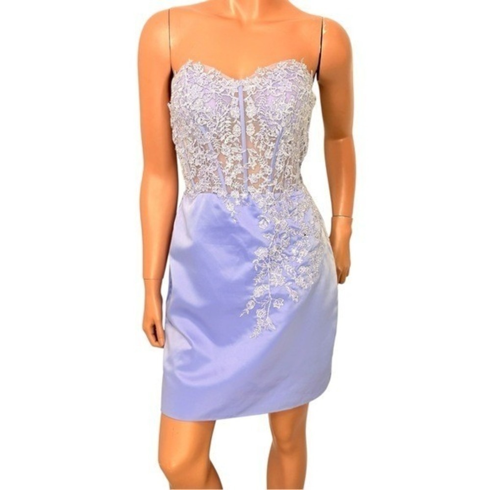 Y2K Satin Corset Mini Dress Sz.4-6 Fairy Mesh Lace Rhinestone Wimsigoth 90s - Picture 3 of 15
